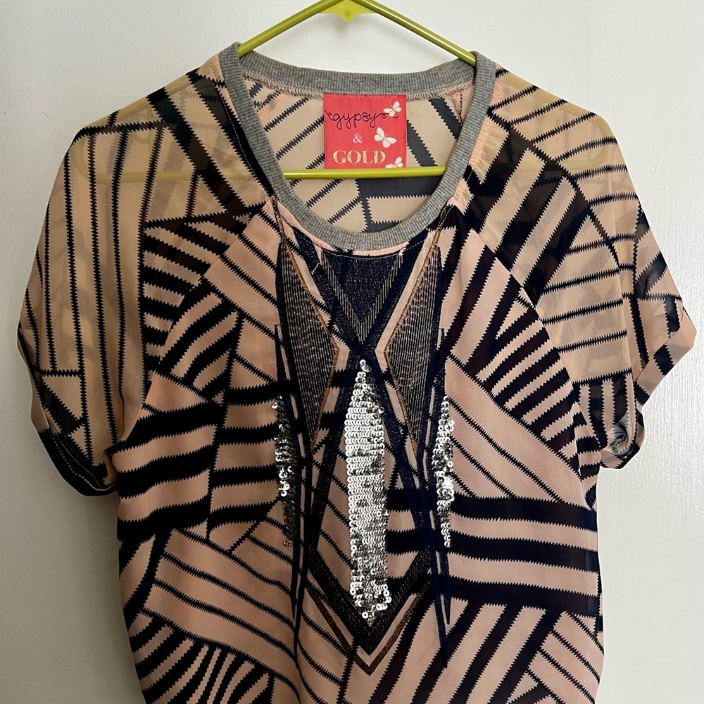 Geometric Patterned Sheer Top - Blue and Rose Pink